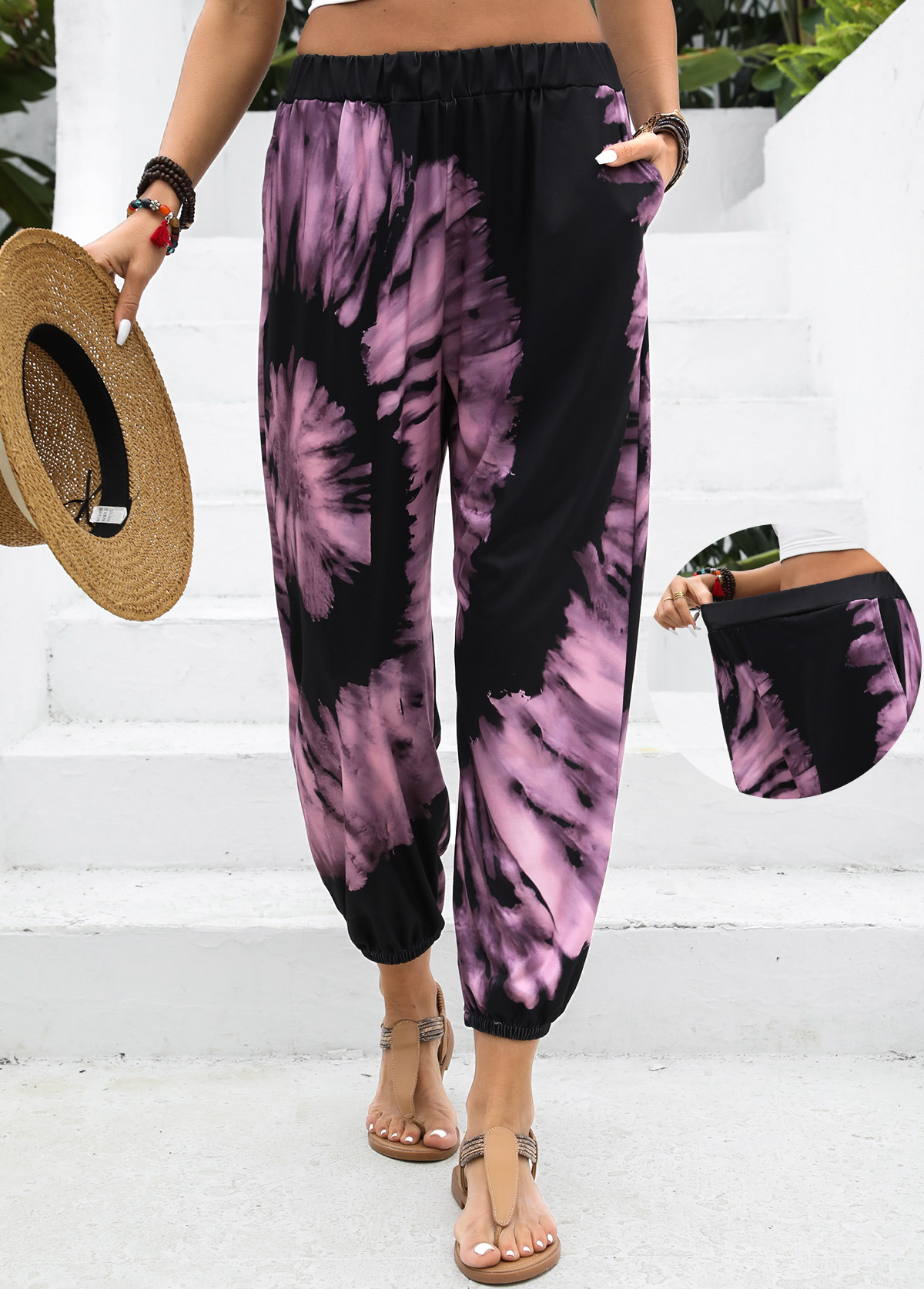 Neon Pink Ombre Jogger Elastic Waist High Waisted Pants | picture 