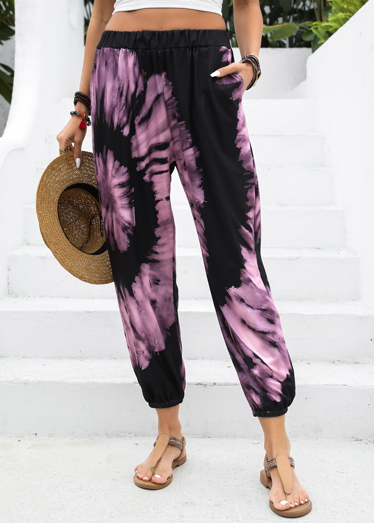 Neon Pink Ombre Jogger Elastic Waist High Waisted Pants | picture 