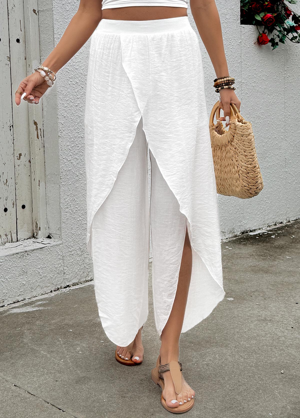 White Flowy Wide Leg Elastic Waist High Waisted Pants | picture 