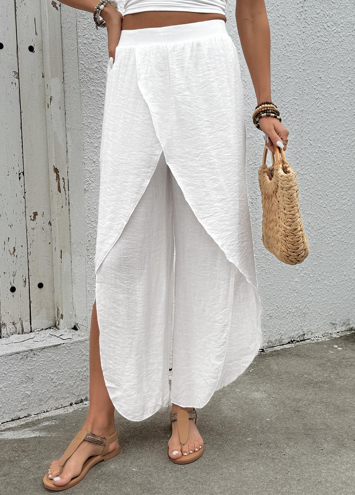 White Flowy Wide Leg Elastic Waist High Waisted Pants | picture 
