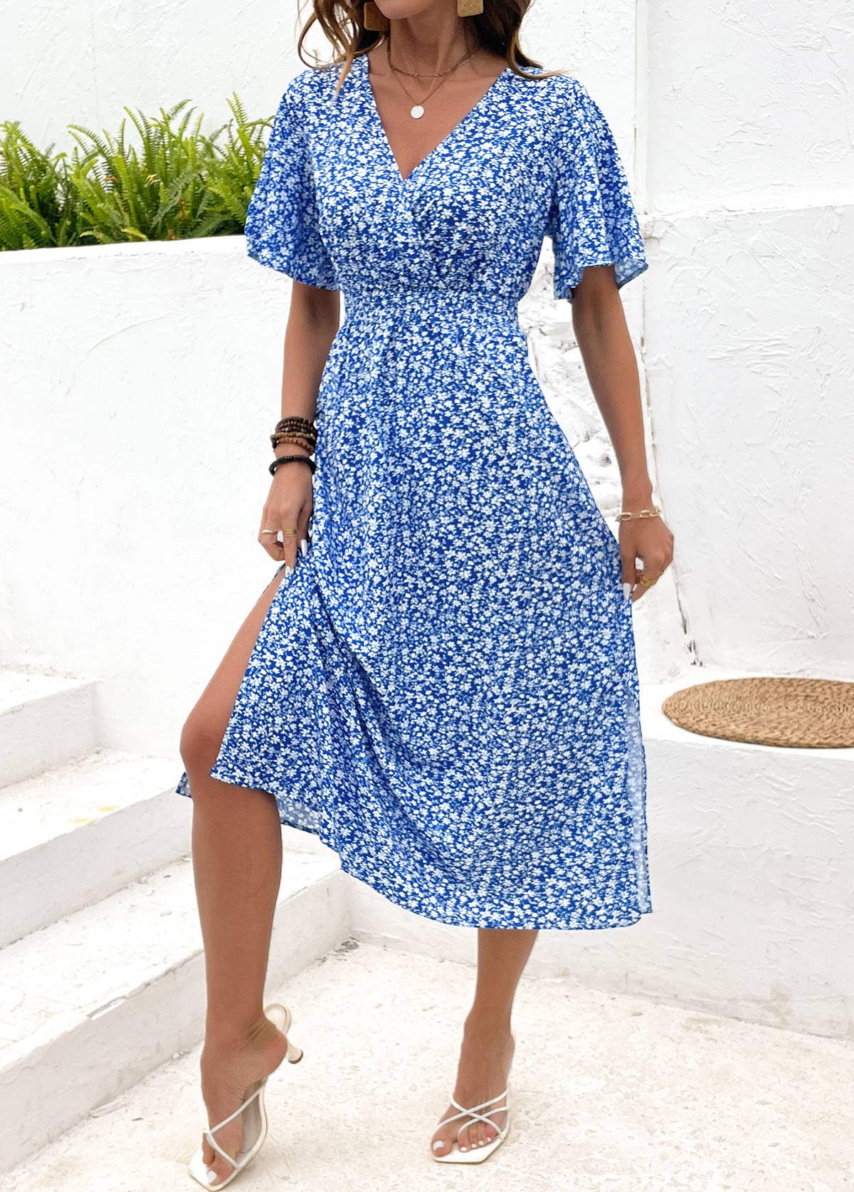 Blue Ditsy Floral Print Shirred Short Sleeve Dress | picture 