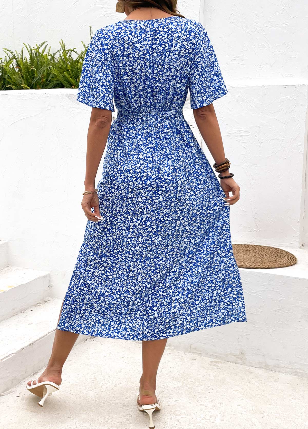 Blue Ditsy Floral Print Shirred Short Sleeve Dress | picture 