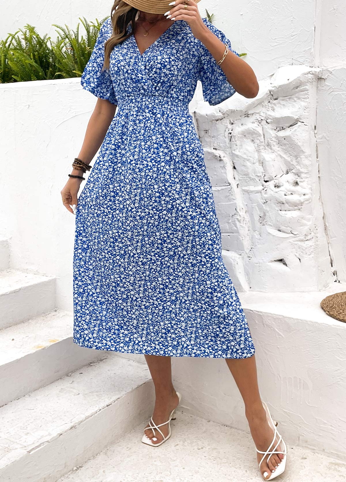 Blue Ditsy Floral Print Shirred Short Sleeve Dress | picture 
