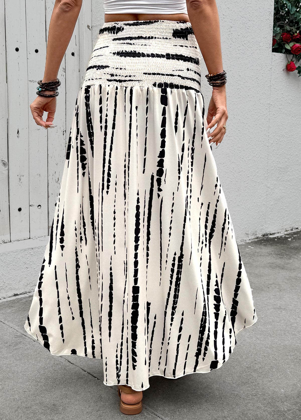 Beige Geometric Print A Line Elastic Waist Maxi Skirt | picture 
