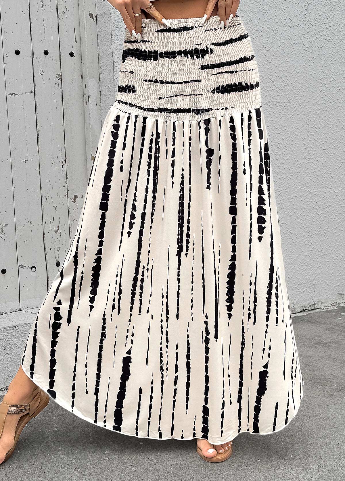 Beige Geometric Print A Line Elastic Waist Maxi Skirt | picture 
