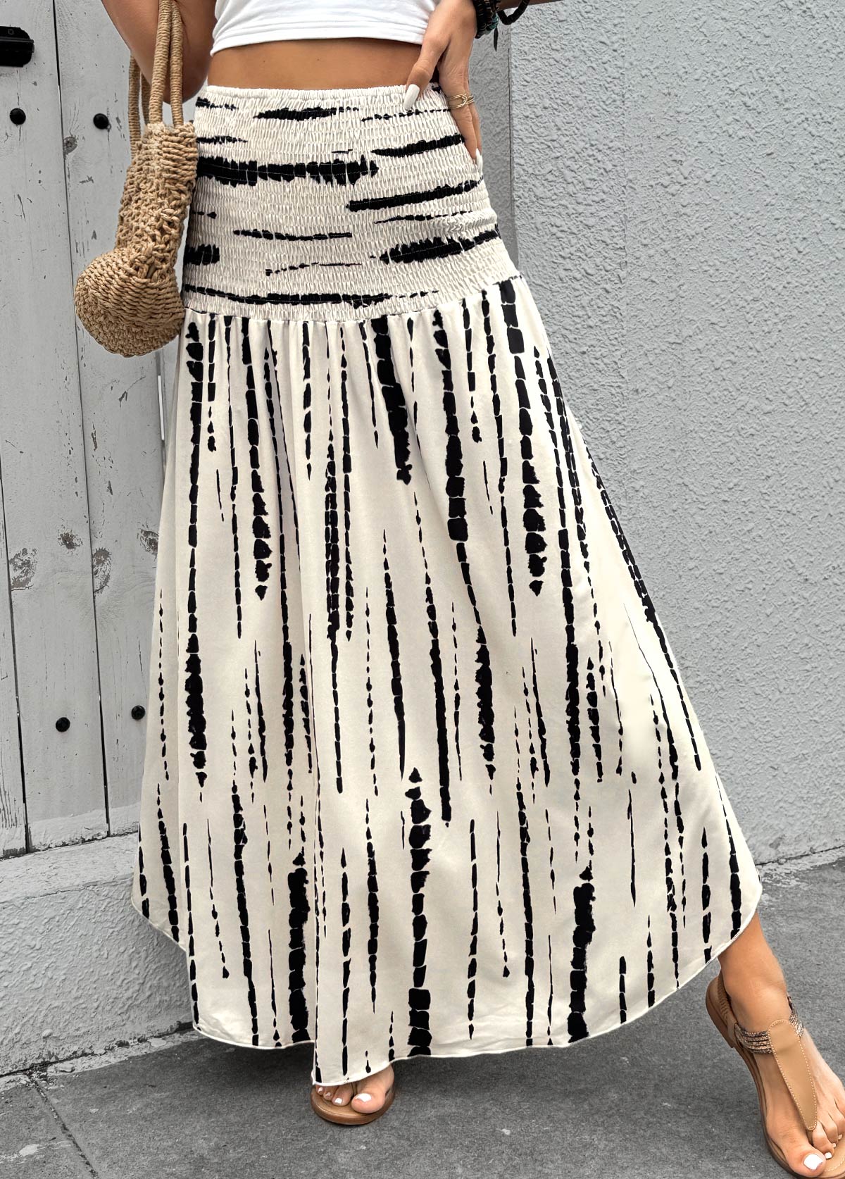 Beige Geometric Print A Line Elastic Waist Maxi Skirt | picture 