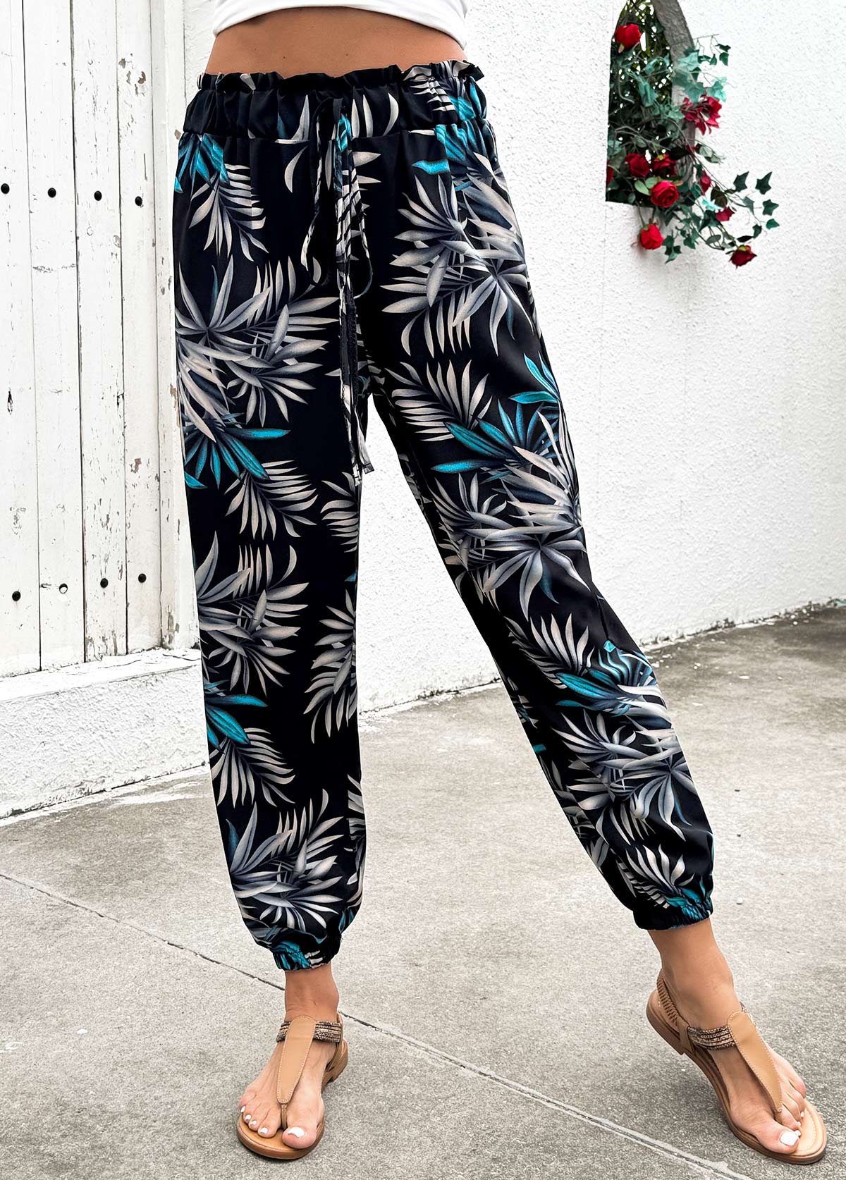 Black Plants Print Jogger Elastic Waist High Waisted Pants | picture 