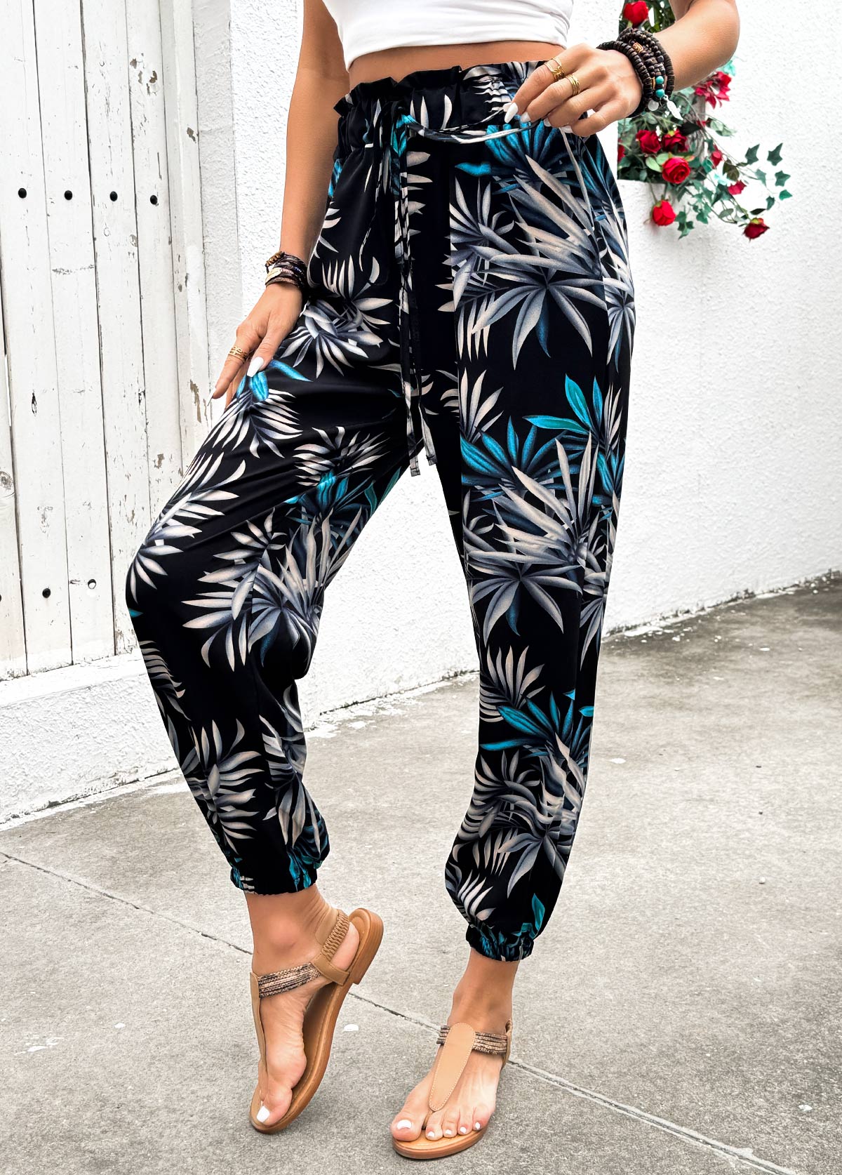 Black Plants Print Jogger Elastic Waist High Waisted Pants | picture 