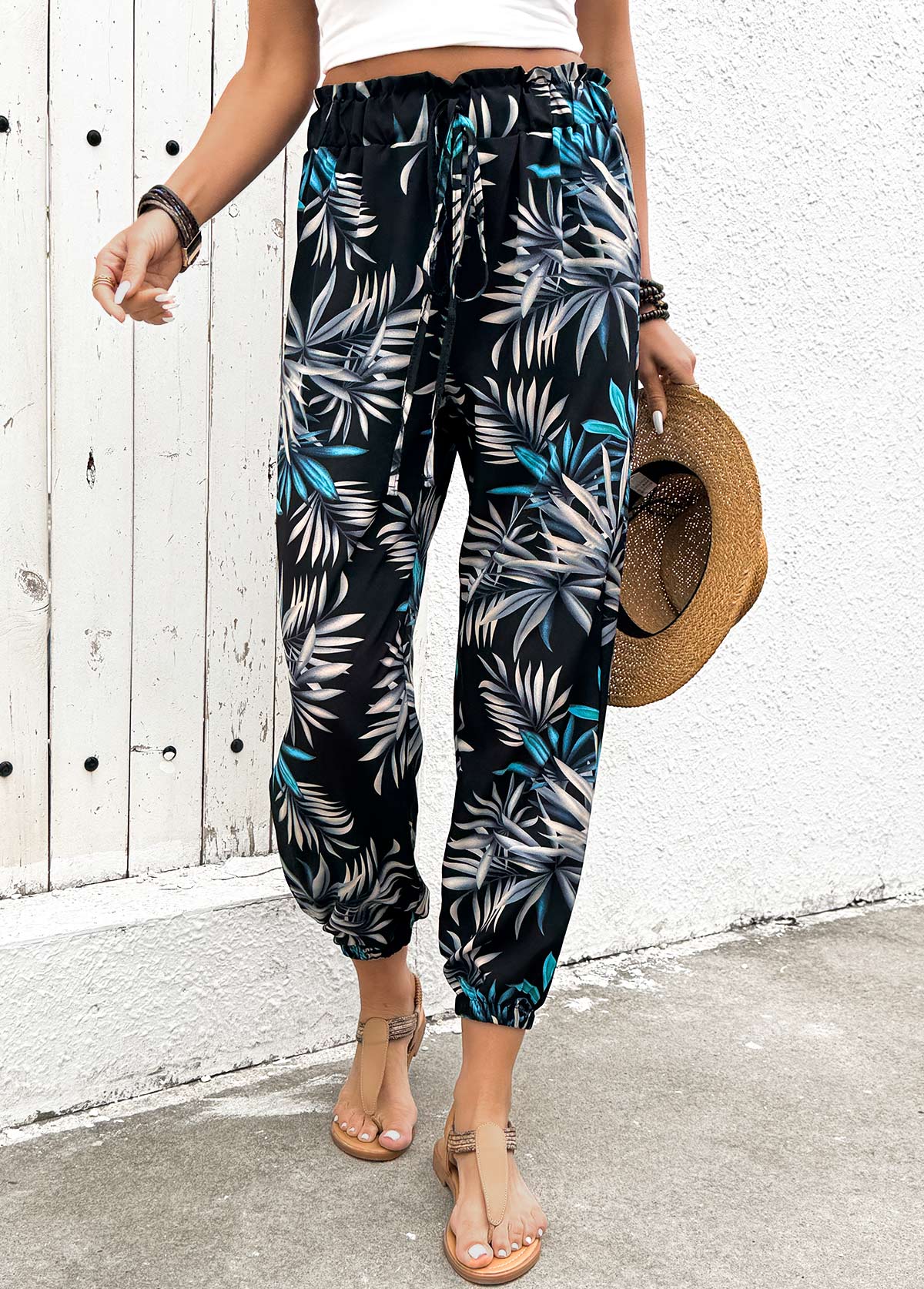 Black Plants Print Jogger Elastic Waist High Waisted Pants | picture 