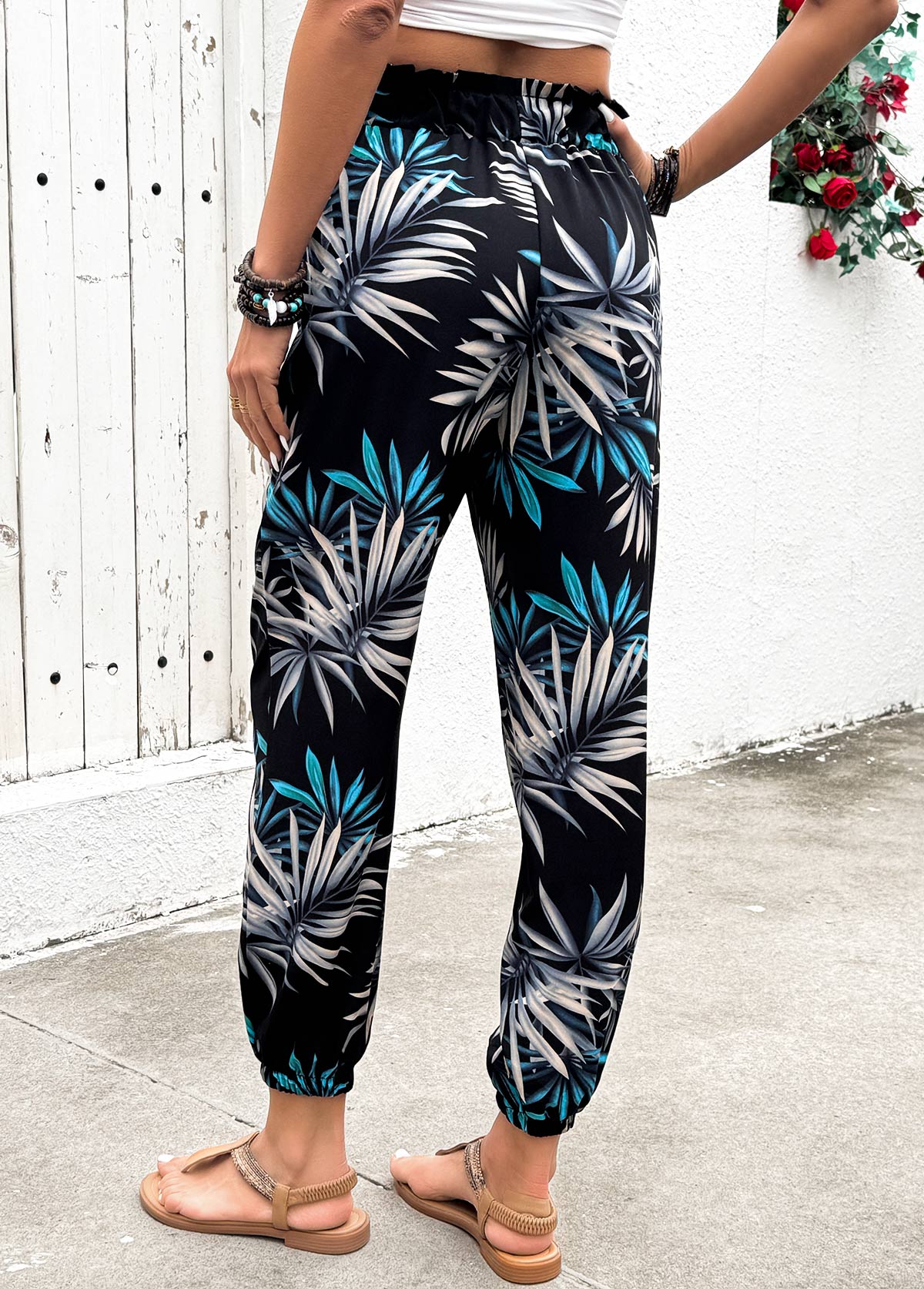 Black Plants Print Jogger Elastic Waist High Waisted Pants | picture 