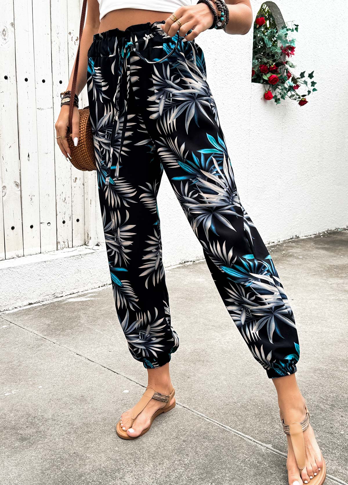 Black Plants Print Jogger Elastic Waist High Waisted Pants | picture 