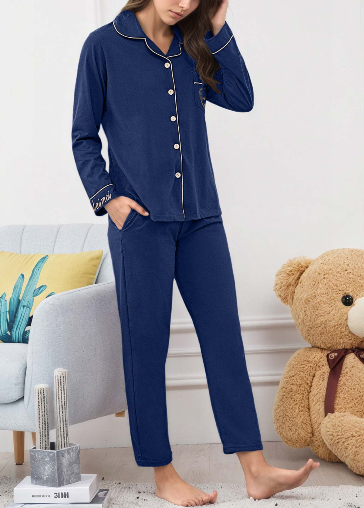 Dark Blue Letter Print Lounge Top and Pants | picture 