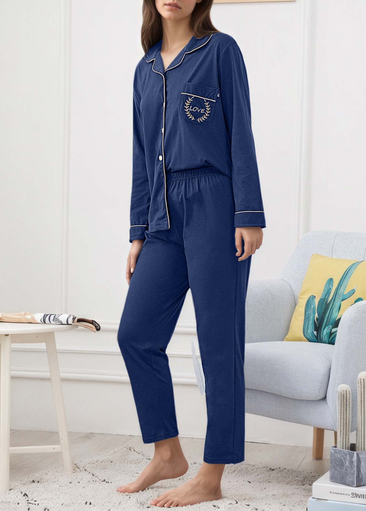 Dark Blue Letter Print Lounge Top and Pants | picture 