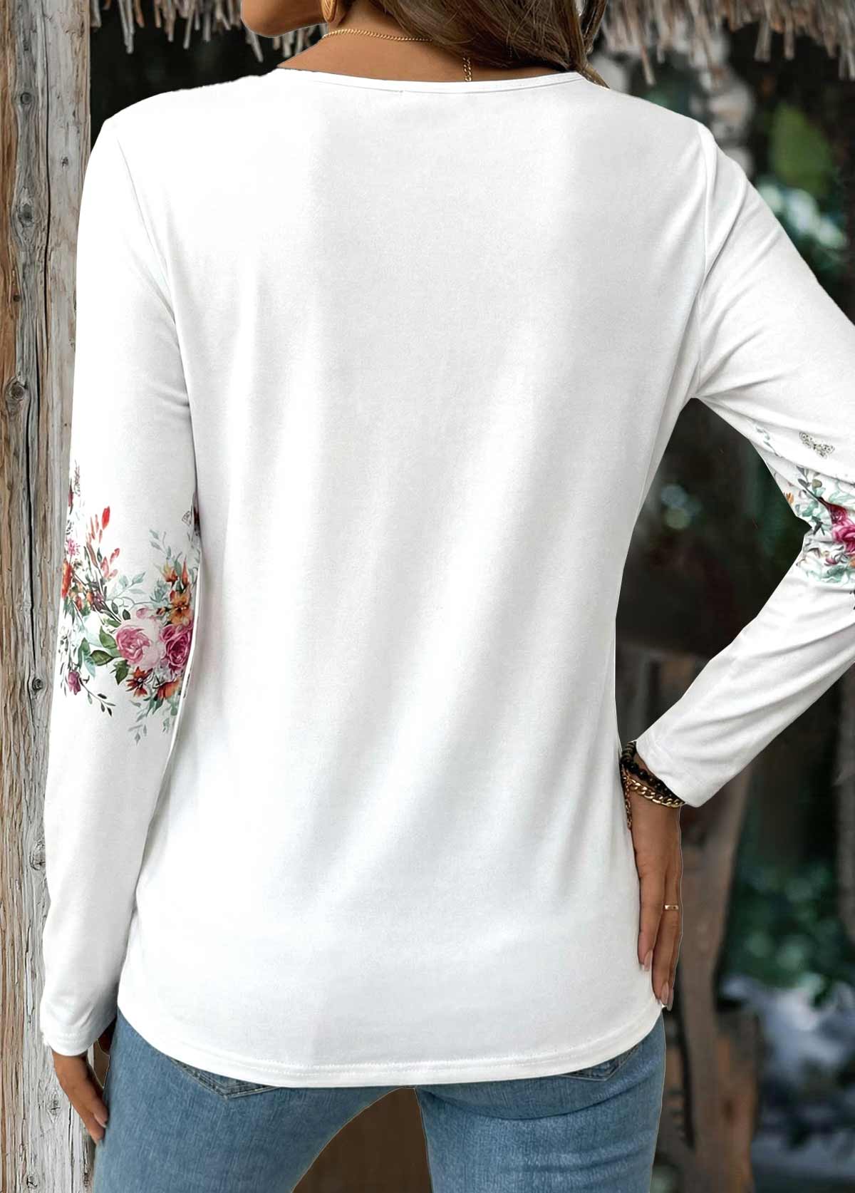 White Button Floral Print Long Sleeve T Shirt | picture 