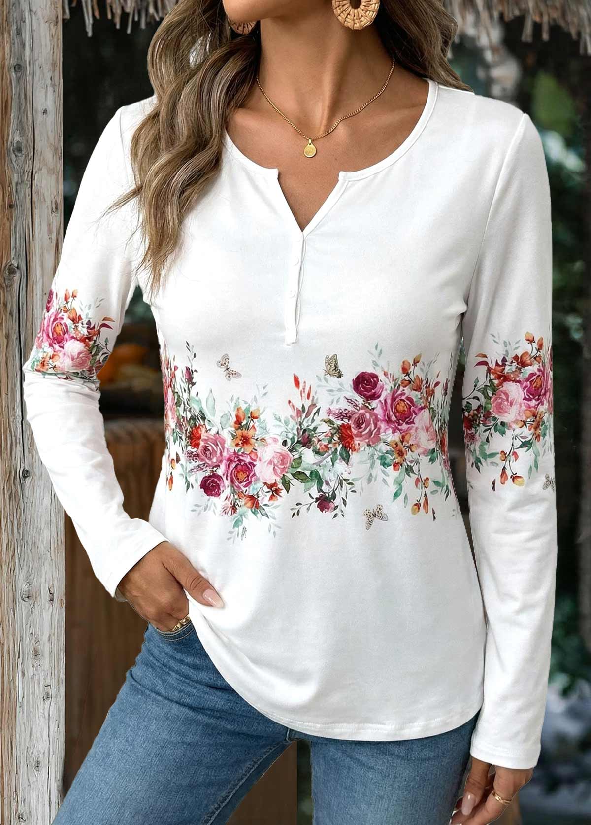 White Button Floral Print Long Sleeve T Shirt | picture 
