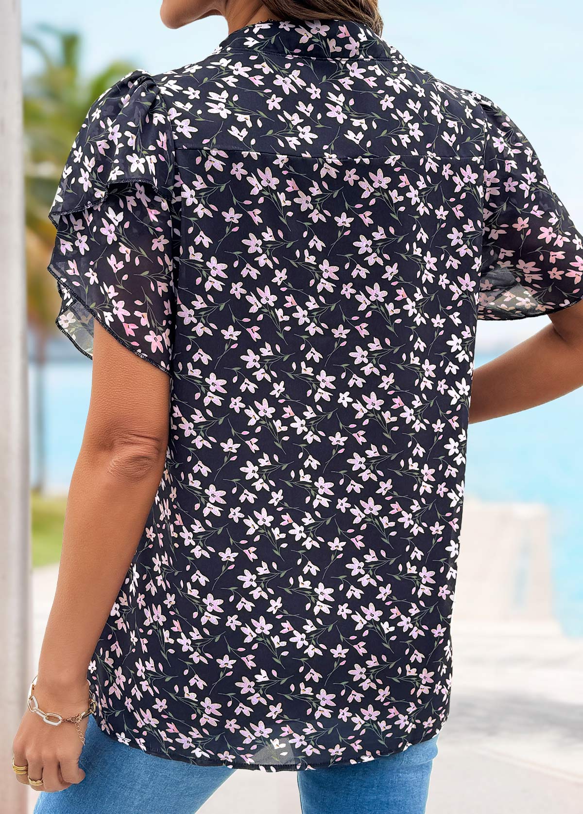 Black Ditsy Floral Print Tummy Coverage Short Sleeve Blouse | picture 