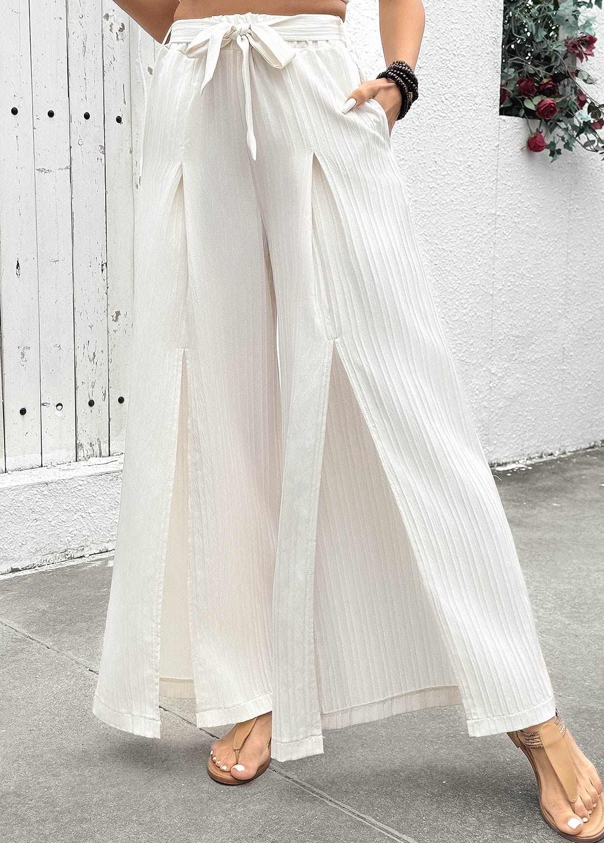 Raw White Flowy Wide Leg Elastic Waist Pants | picture 