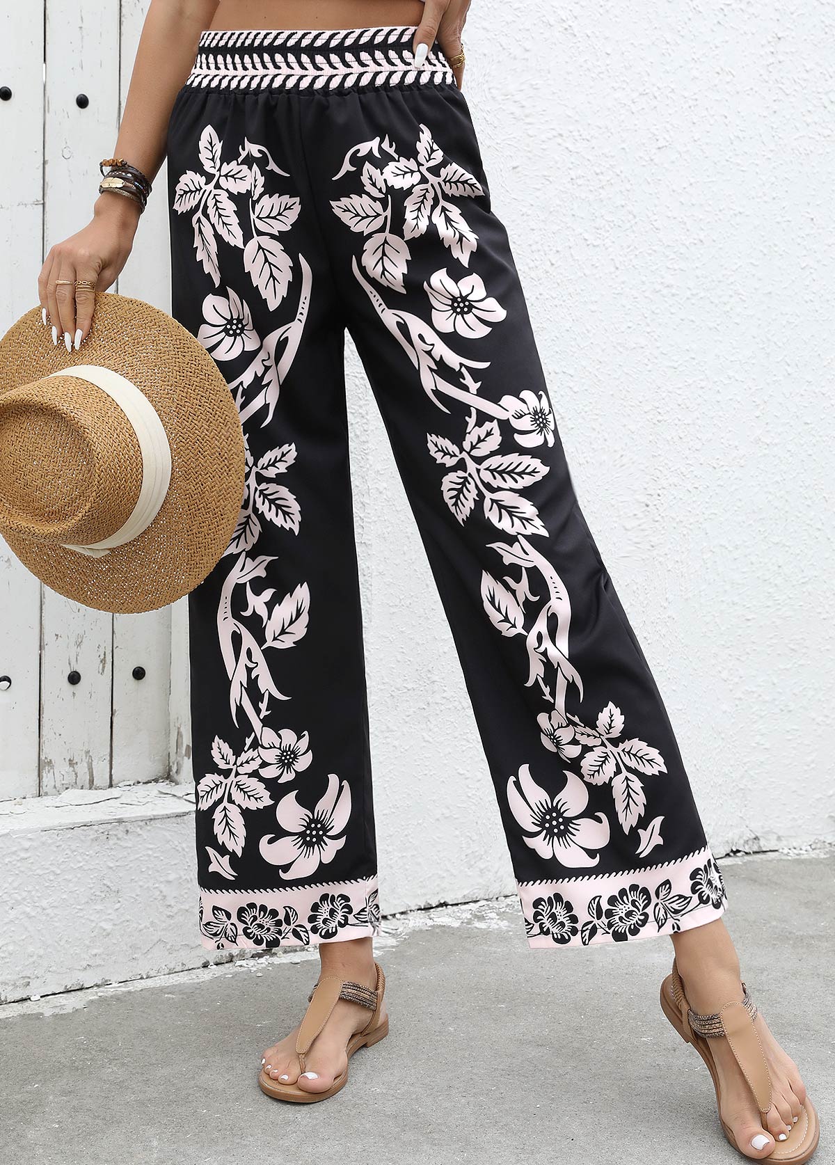 Black Flowy Plants Print Wide Leg Elastic Waist Pants | picture 