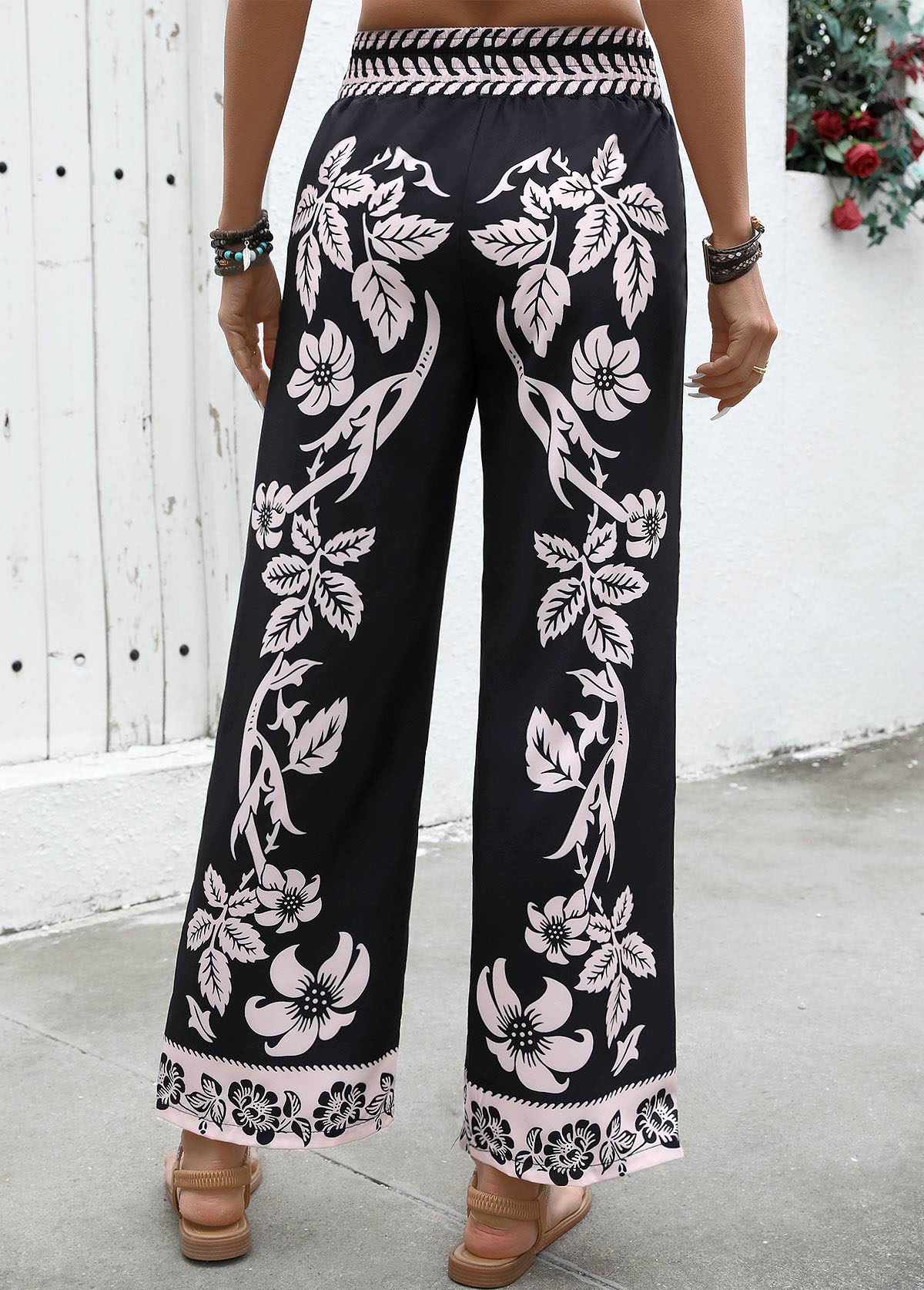 Black Flowy Plants Print Wide Leg Elastic Waist Pants | picture 