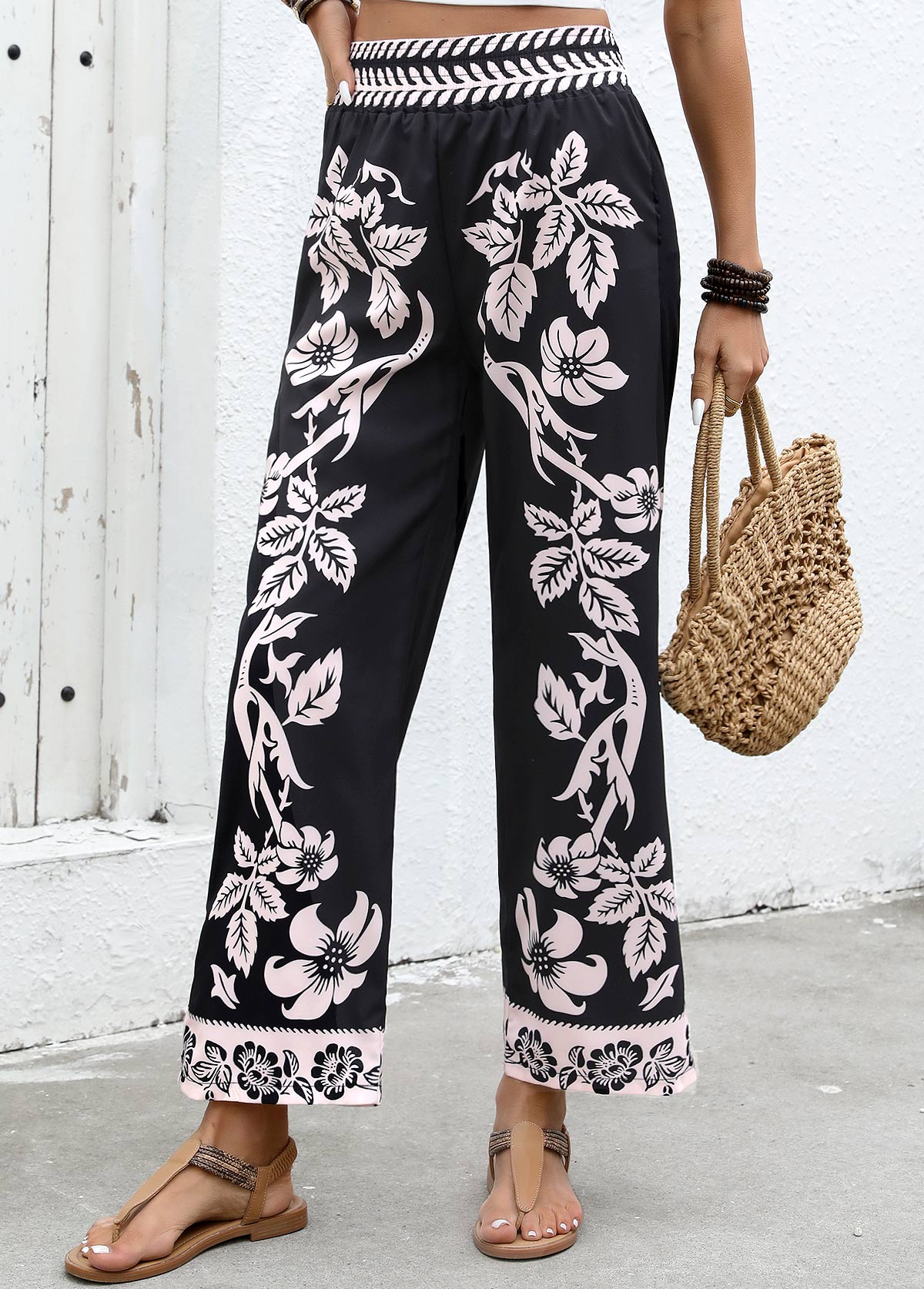 Black Flowy Plants Print Wide Leg Elastic Waist Pants | picture 