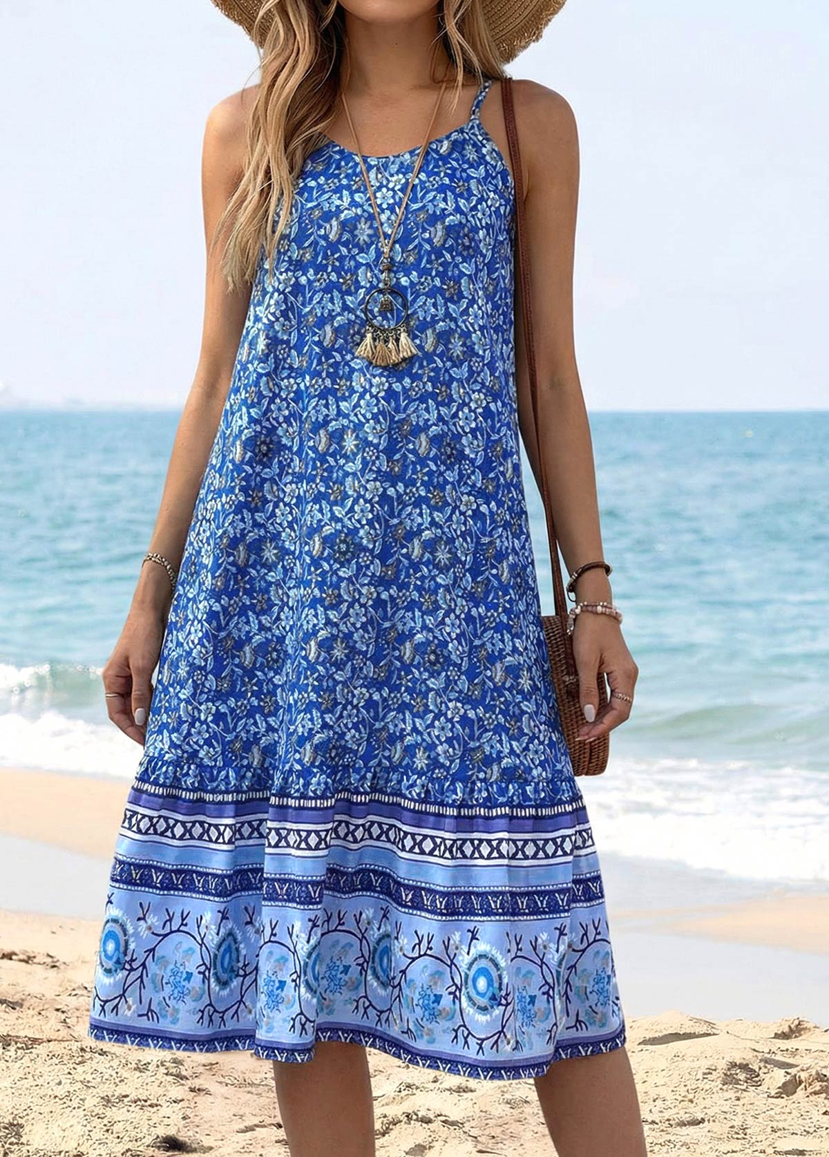 Blue Tummy Coverage Tribal Print Strappy Bandeau Dress | picture 