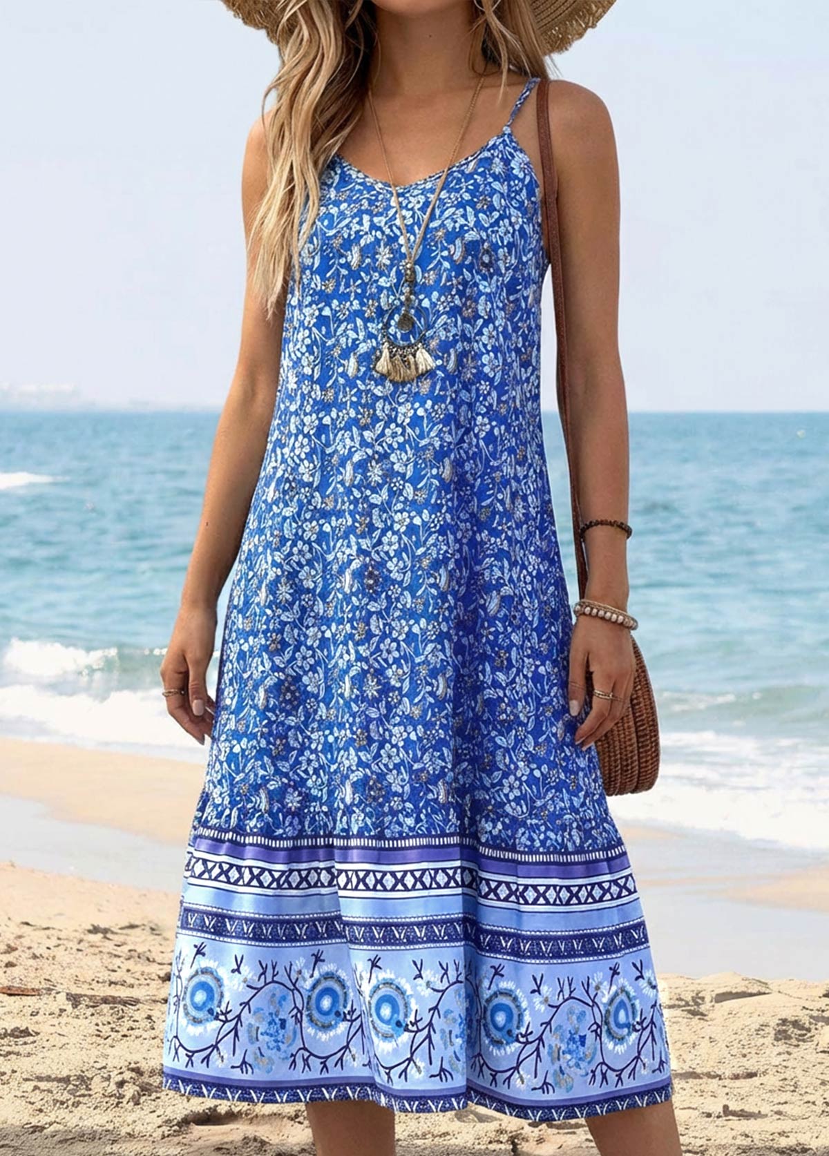 Blue Tummy Coverage Tribal Print Strappy Bandeau Dress | picture 