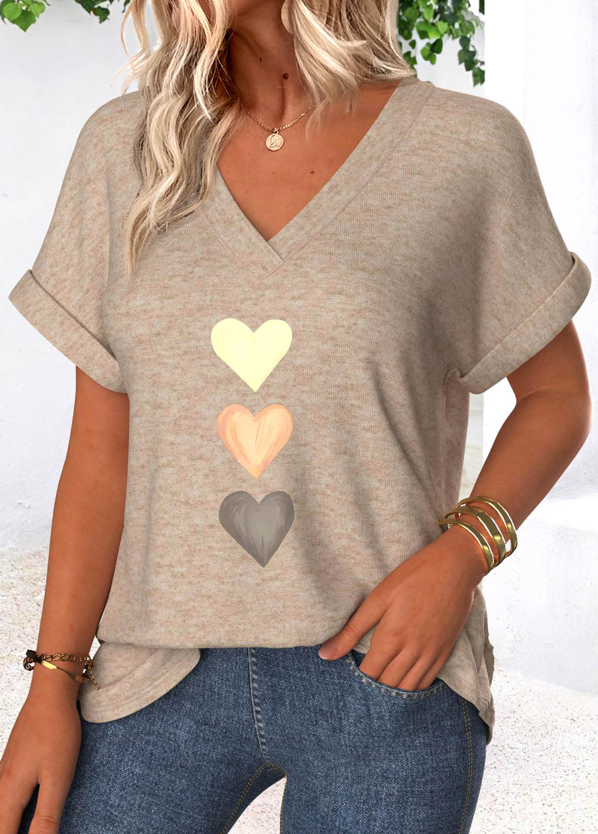 Light Camel Tummy Coverage Heart Print T Shirt | picture 