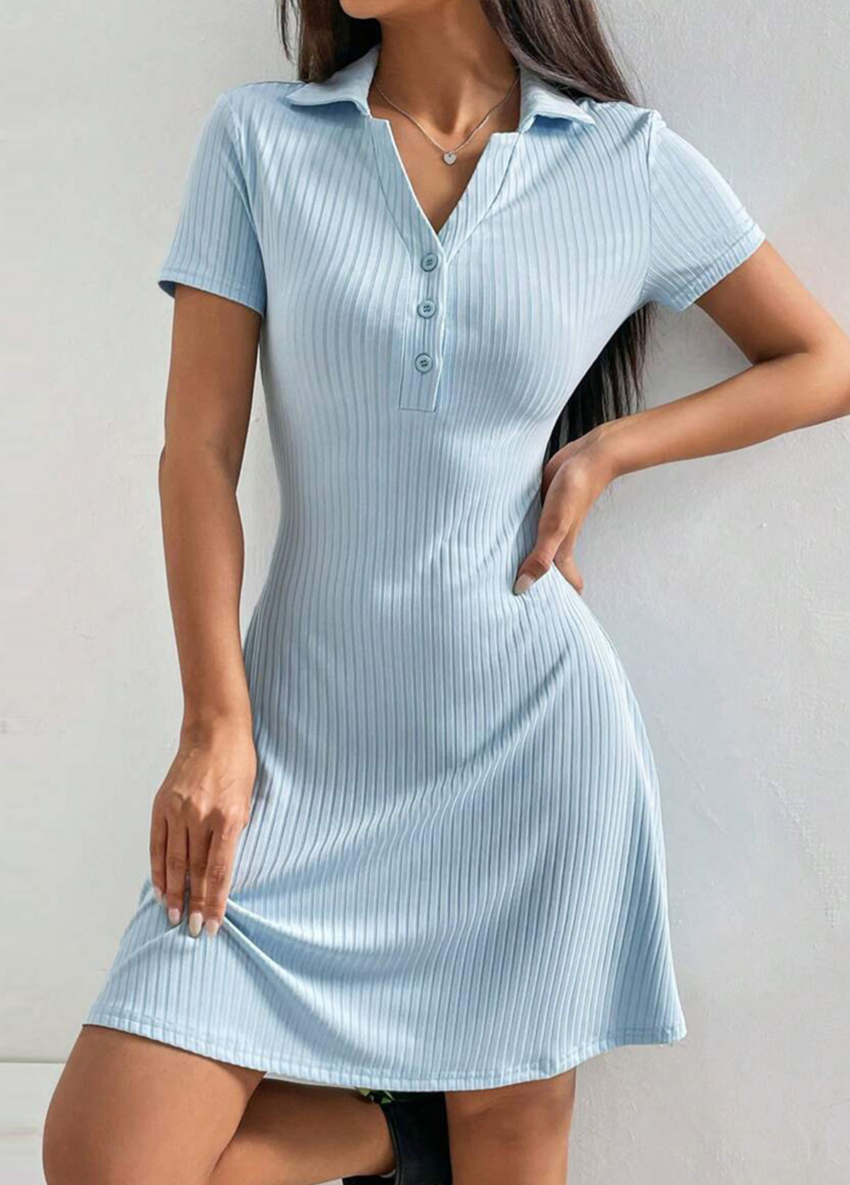 Light Blue Short Sleeve Turn Down Collar Nightdress | picture 