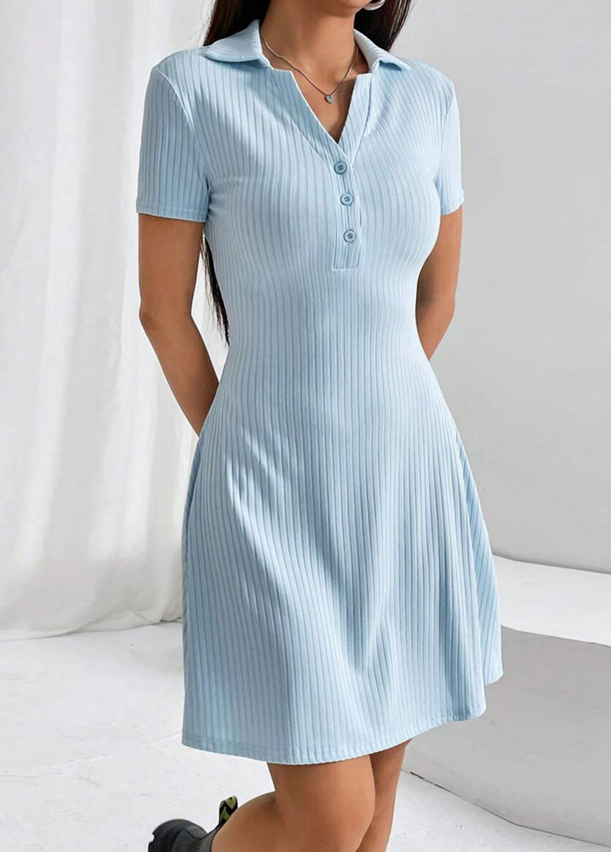 Light Blue Short Sleeve Turn Down Collar Nightdress | picture 