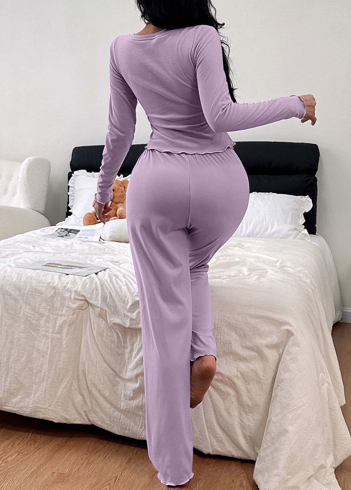 Purple Long Sleeve V Neck Lounge Top and Pants | picture 