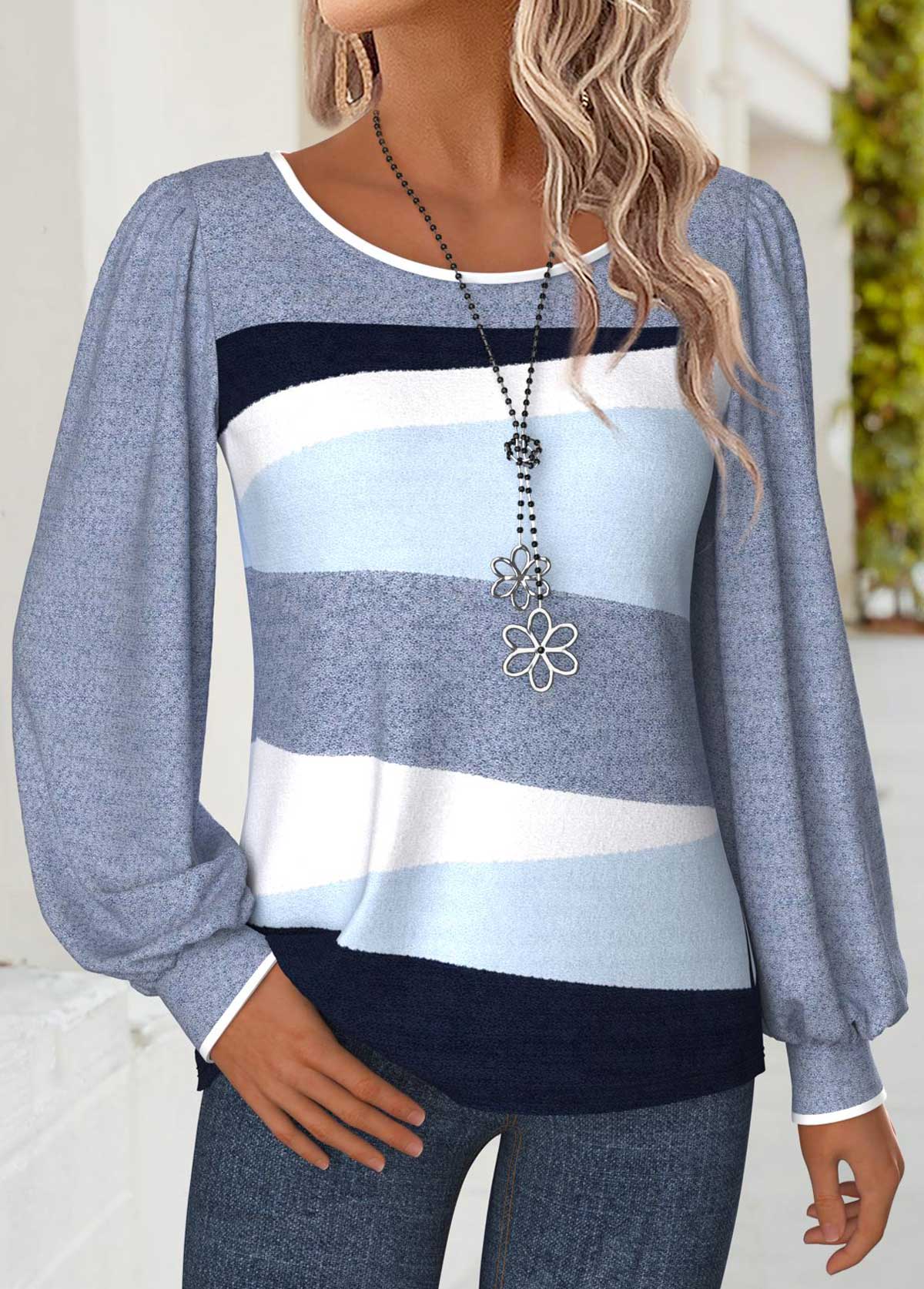 Blue Tummy Coverage Geometric Print Long Sleeve T Shirt | picture 