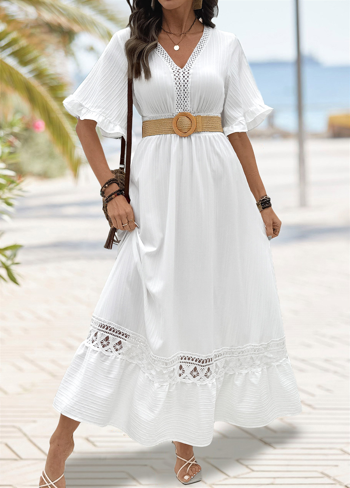 White Maxi Smocked Half Sleeve V Neck Dress | picture 