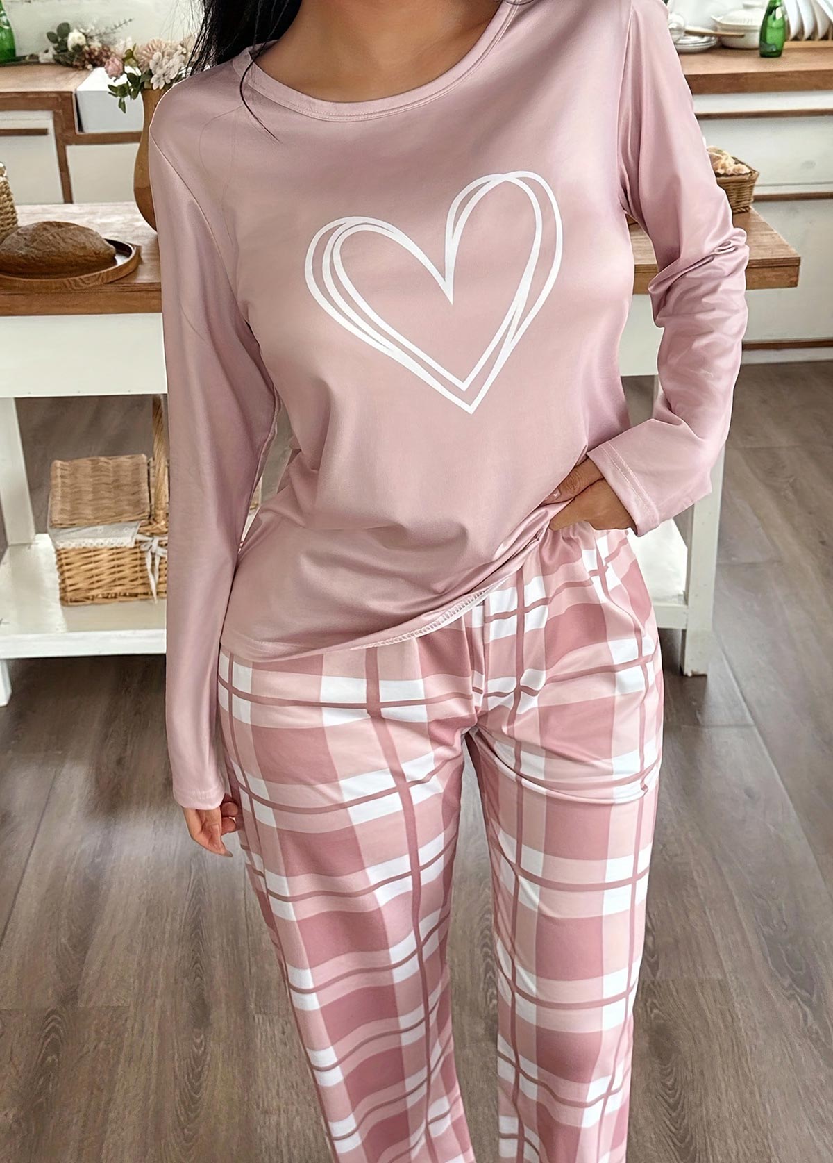 Light Pink Plaid Long Sleeve Lounge Top and Pants | picture 
