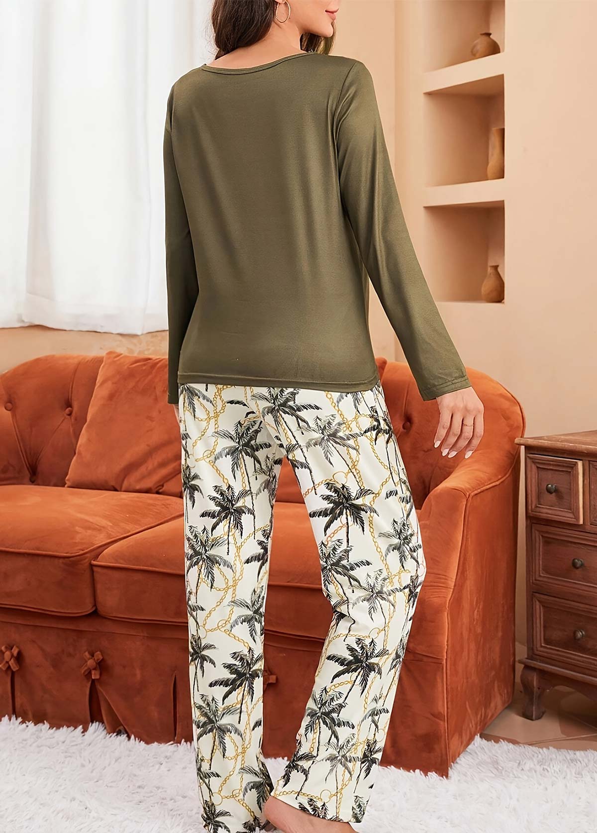 Olive Green Tropical Plants Print Lounge Top and Pants | picture 