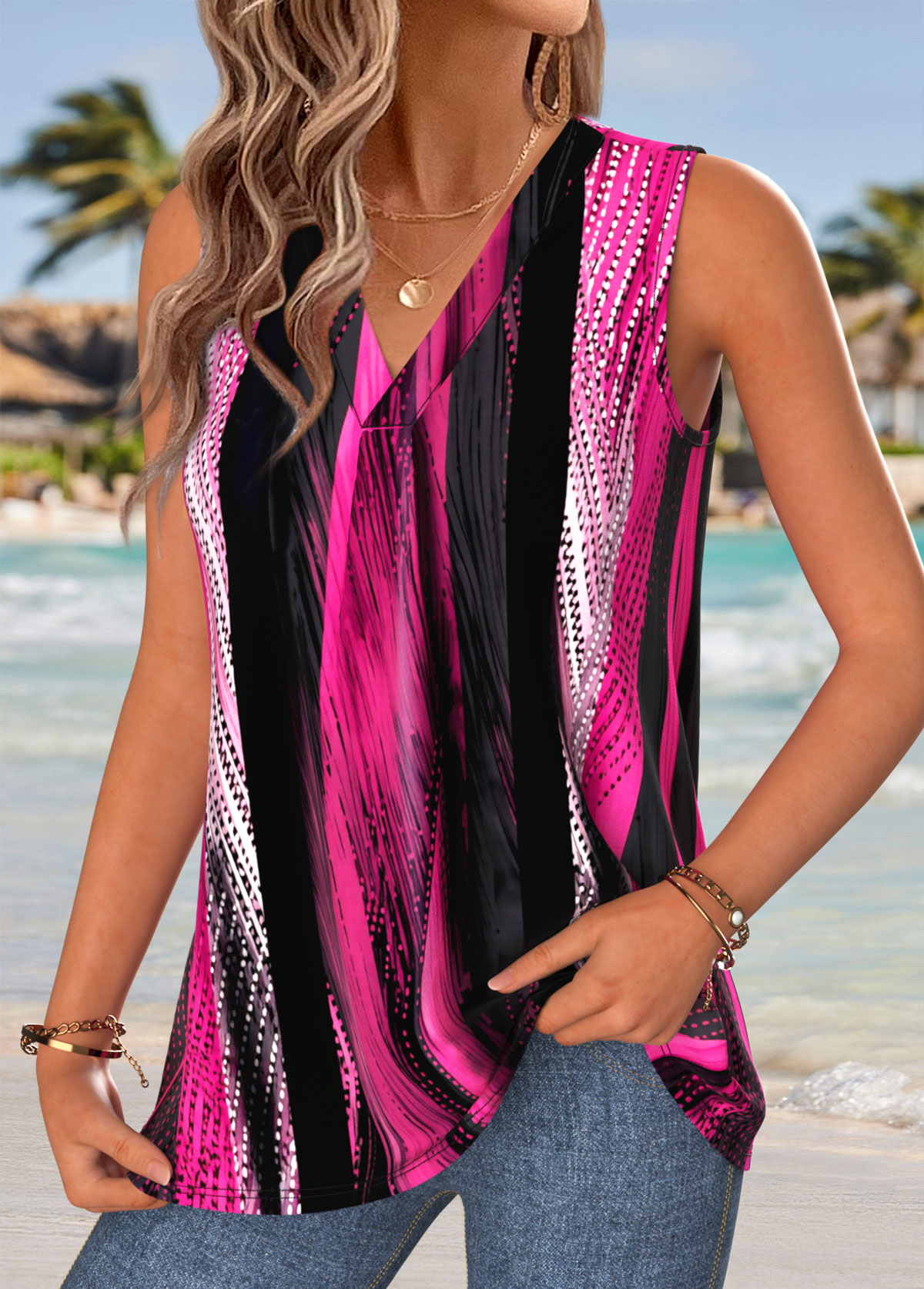 Multi Color Striped Sleeveless V Neck Tank Top | picture 