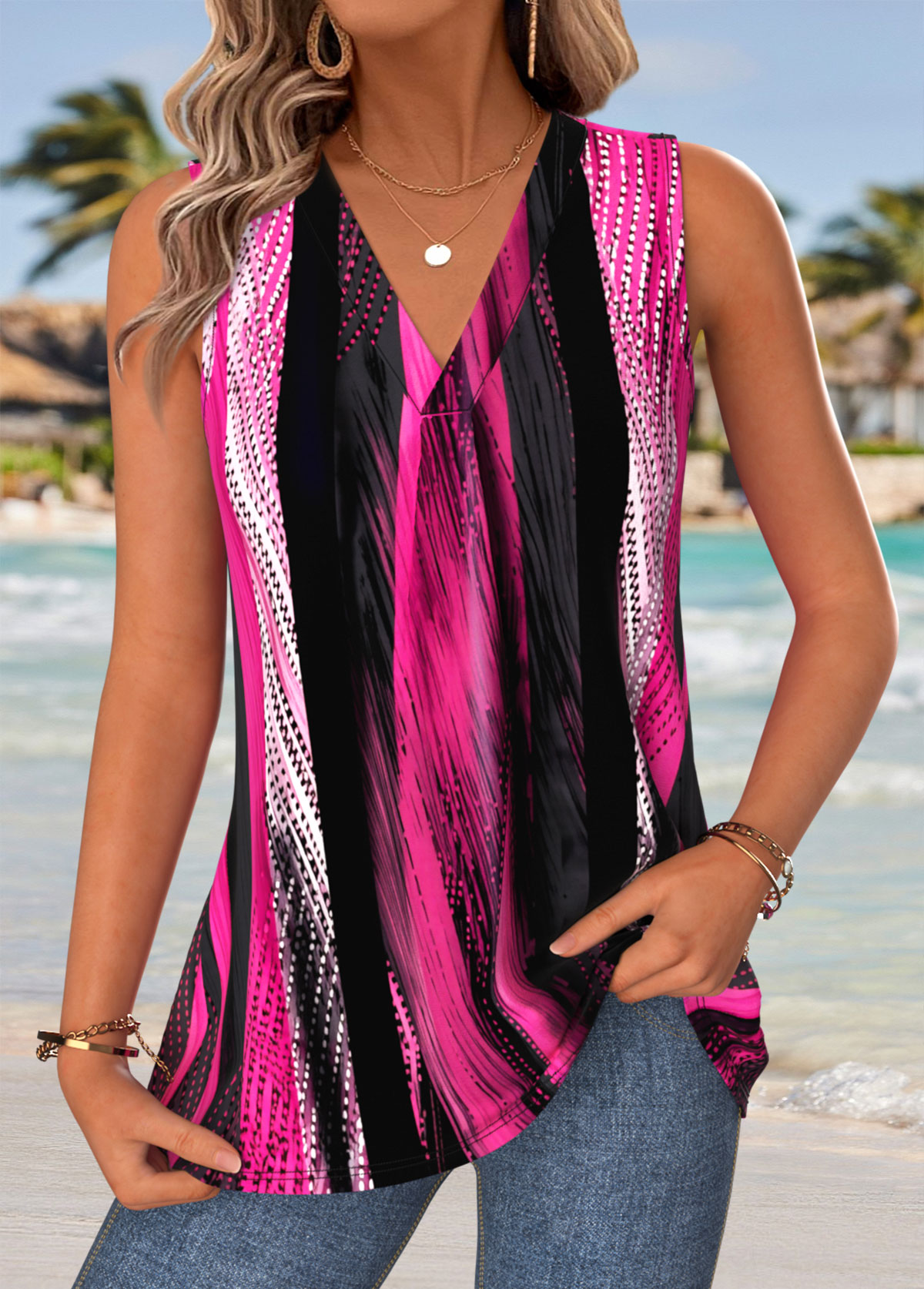 Multi Color Striped Sleeveless V Neck Tank Top | picture 
