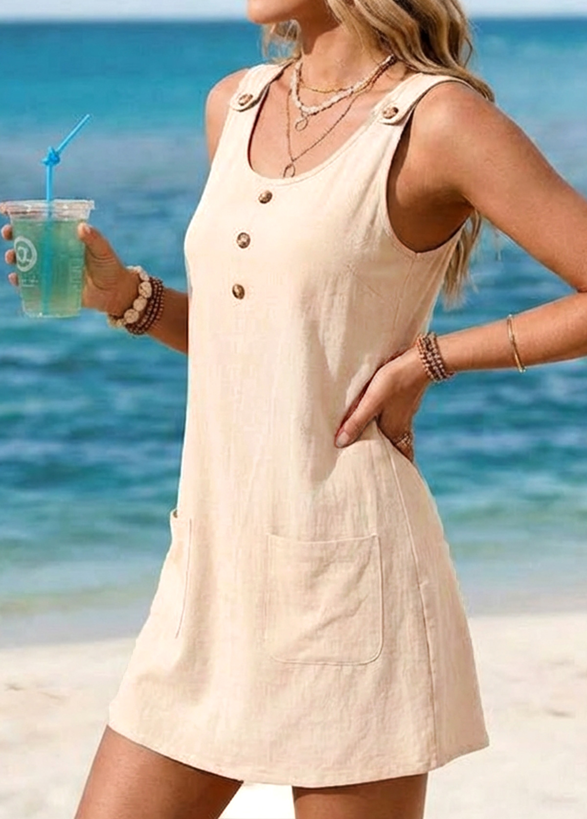 Beige Patch Pocket Short Sleeveless Round Neck Dress | picture 