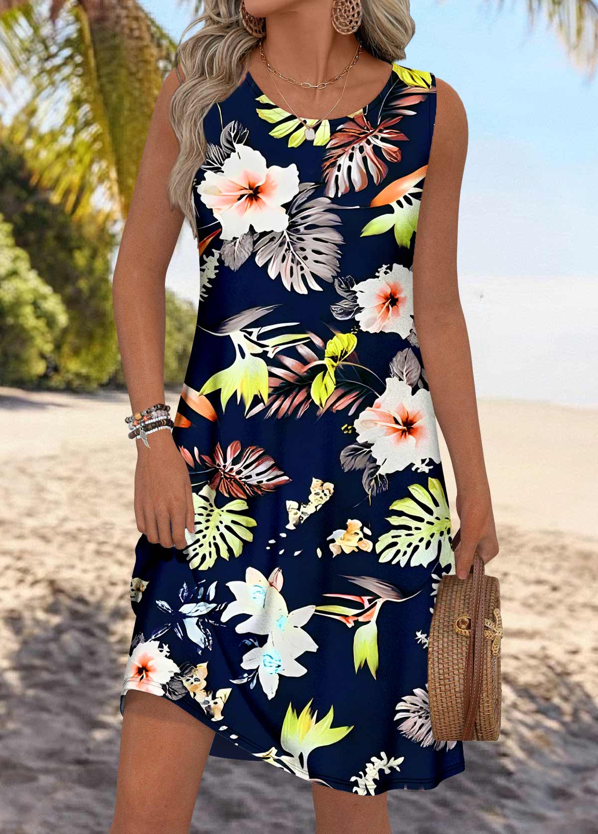 Multi Color Floral Print Sleeveless Round Neck Dress | picture 
