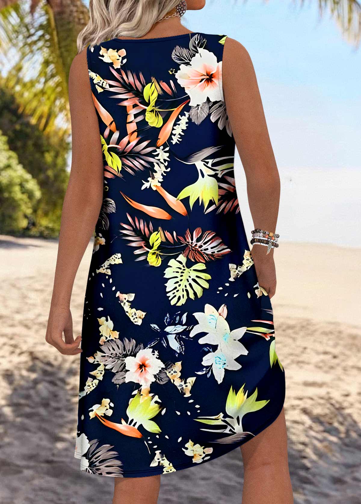 Multi Color Floral Print Sleeveless Round Neck Dress | picture 