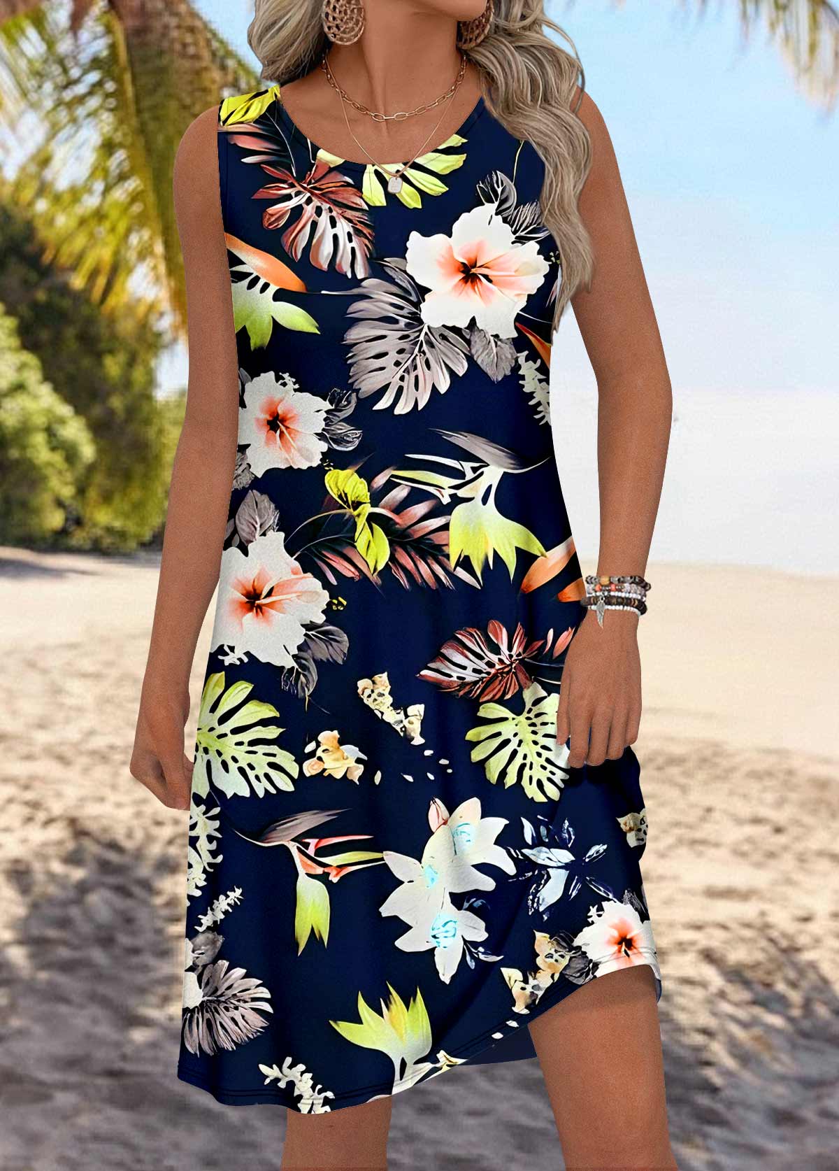 Multi Color Floral Print Sleeveless Round Neck Dress | picture 