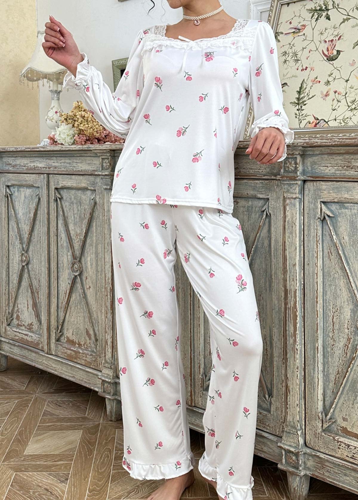 White Floral Print Long Sleeve Lounge Top and Pants | picture 