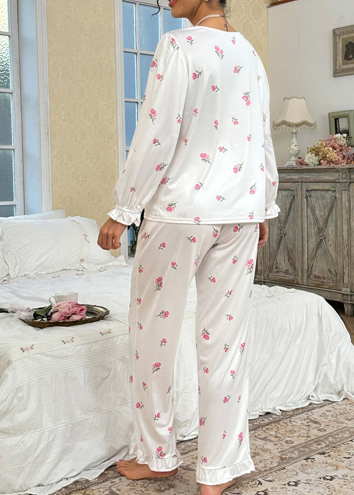 White Floral Print Long Sleeve Lounge Top and Pants | picture 