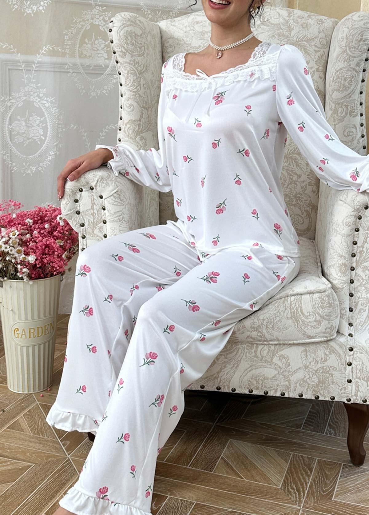 White Floral Print Long Sleeve Lounge Top and Pants | picture 