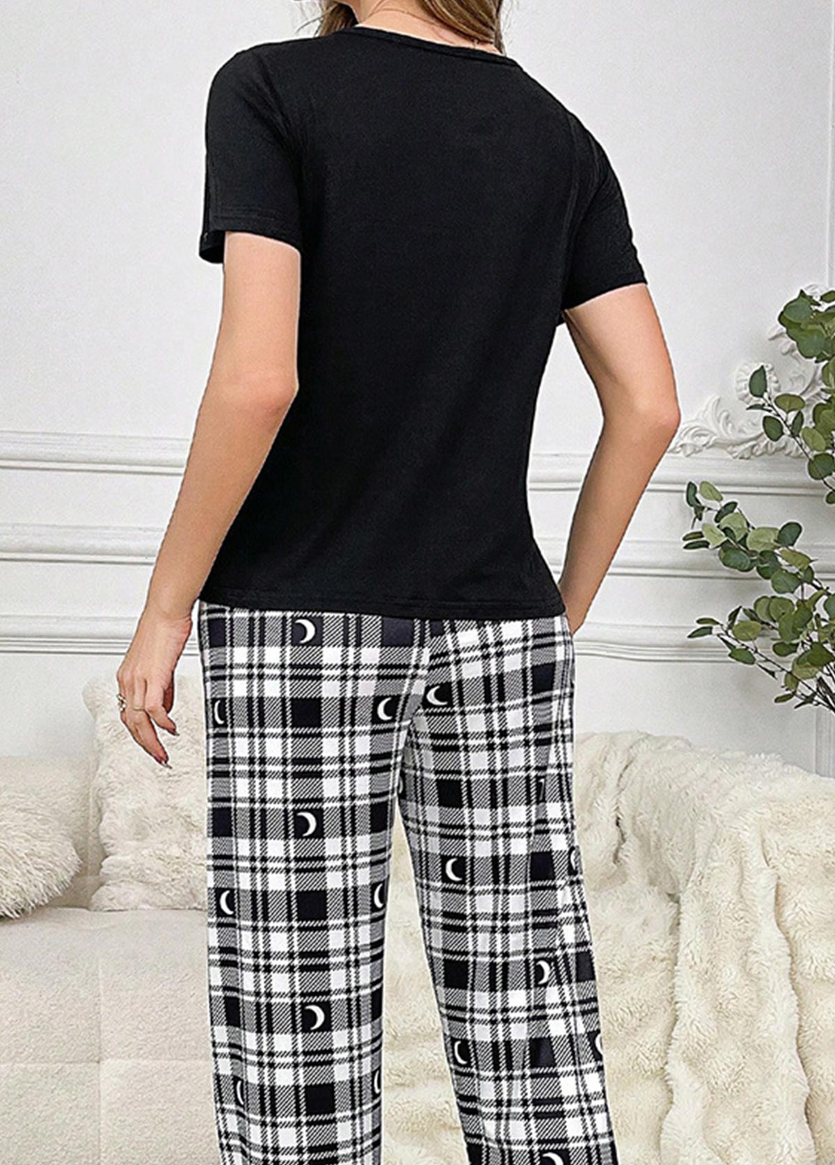 Black Plaid Short Sleeve Lounge Top and Pants | picture 