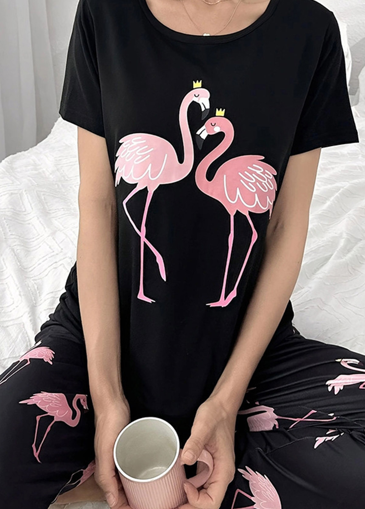 Black Short Sleeve Round Neck Lounge Top and Pants | picture 