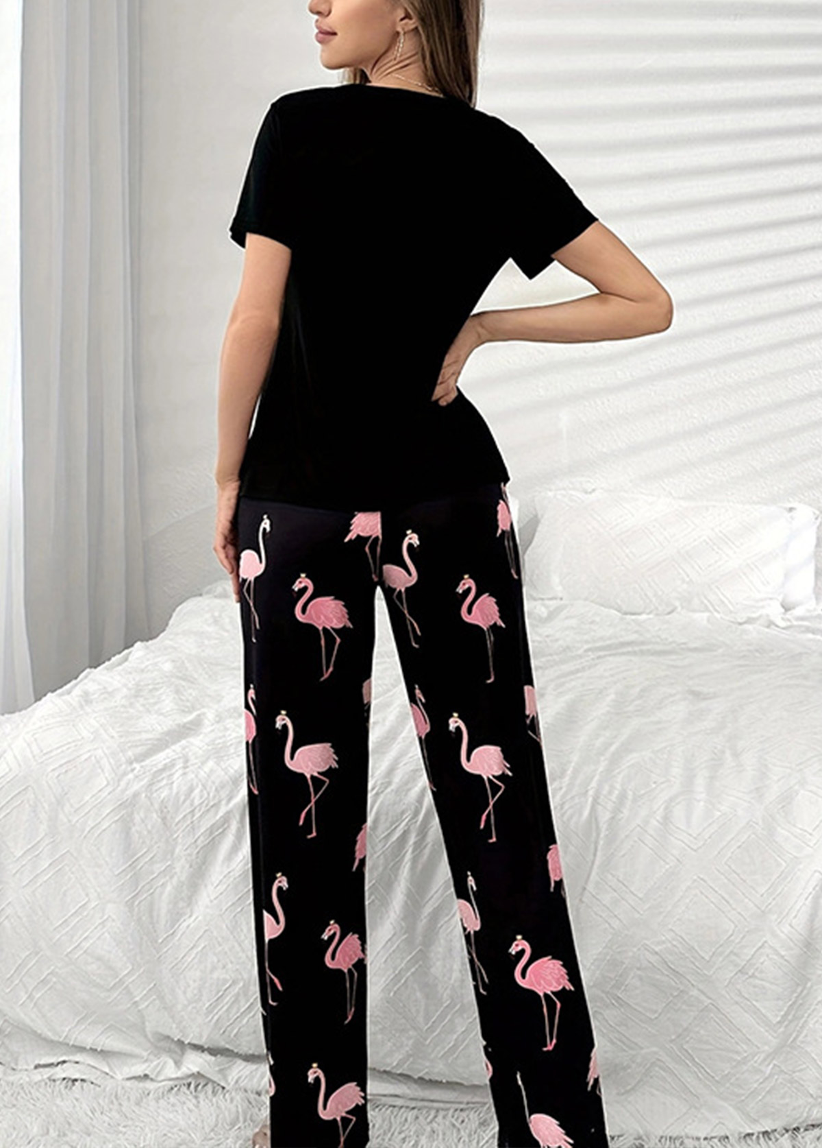 Black Short Sleeve Round Neck Lounge Top and Pants | picture 