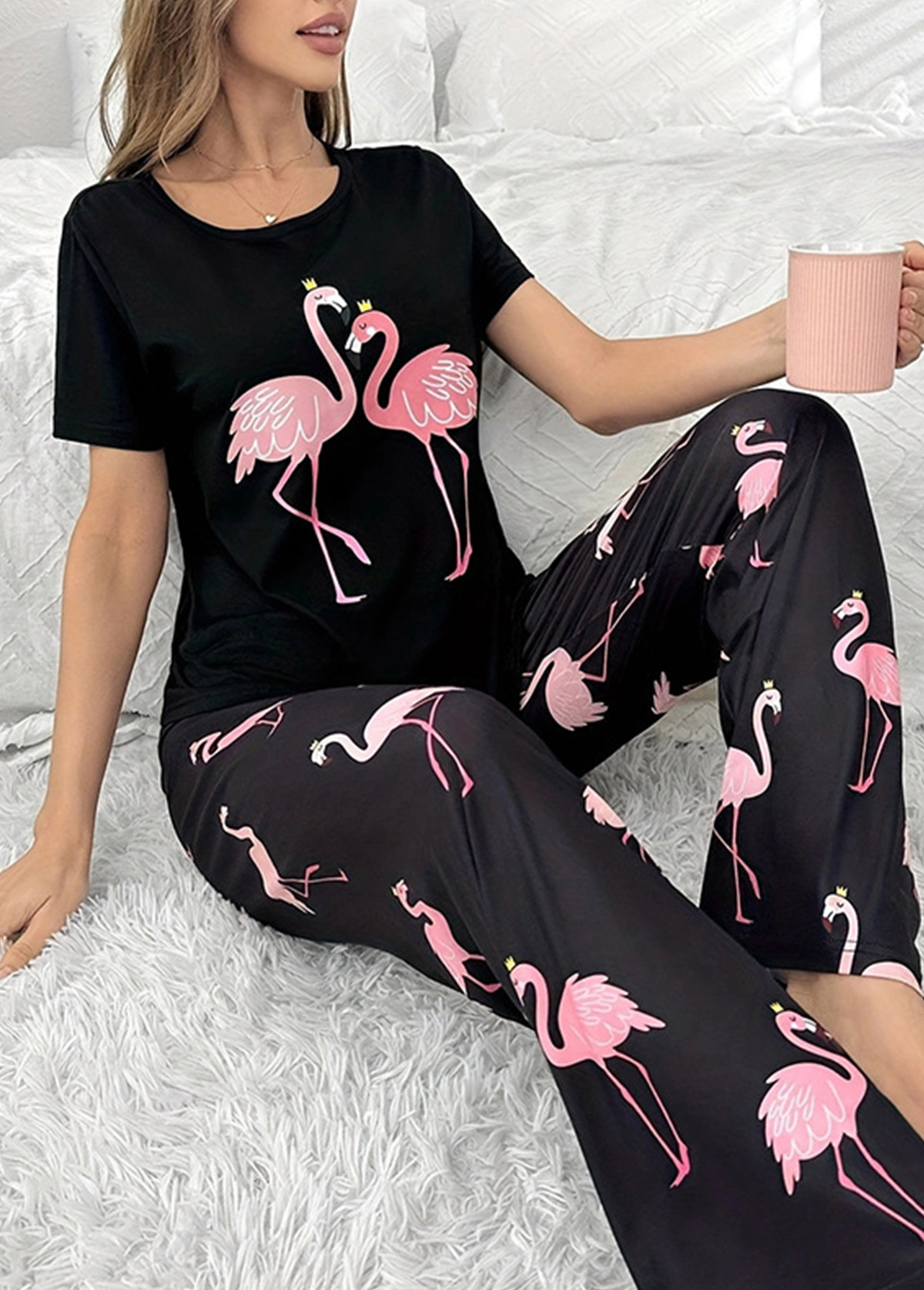 Black Short Sleeve Round Neck Lounge Top and Pants | picture 