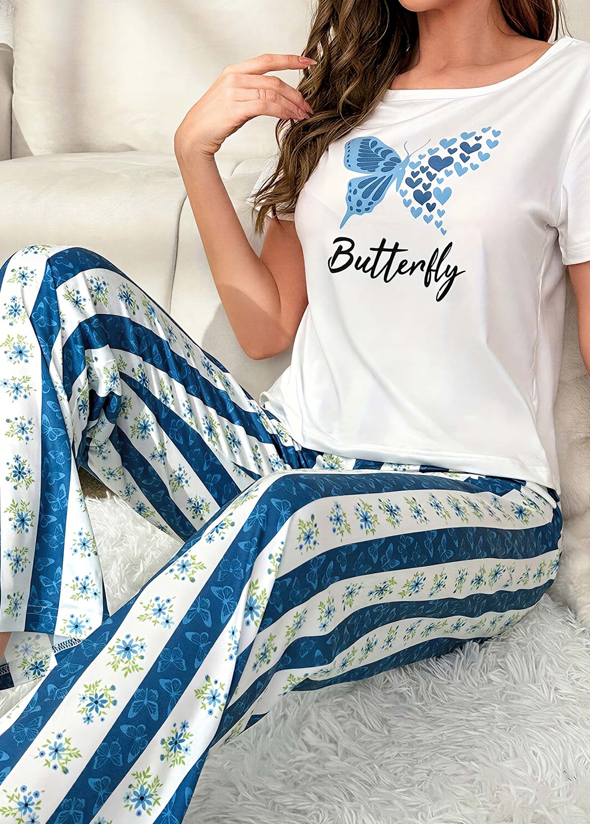 Blue Butterfly Print Short Sleeve Lounge Top and Pants | picture 