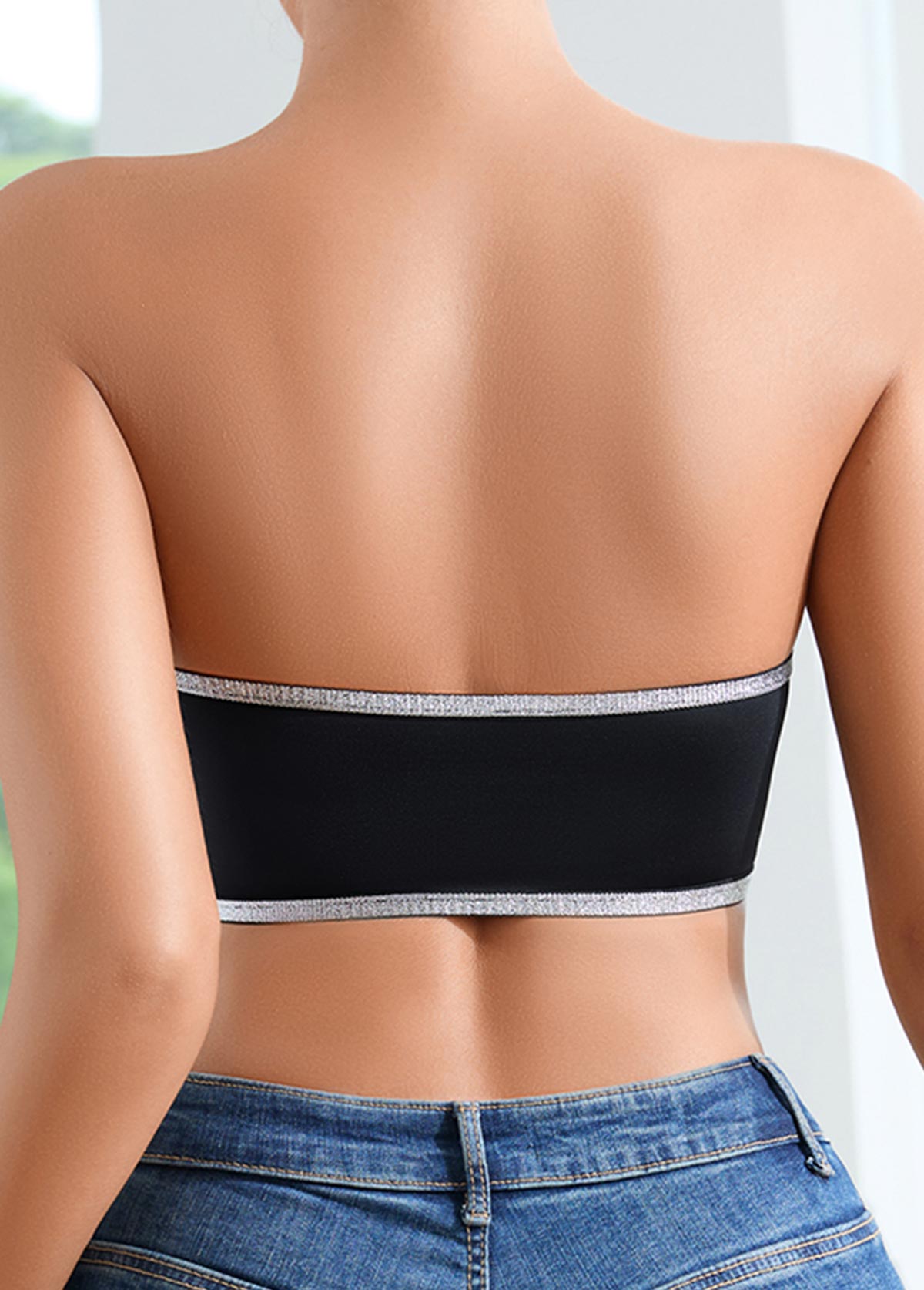 Black Seamless Patchwork Strapless Bandeau Bra | picture 