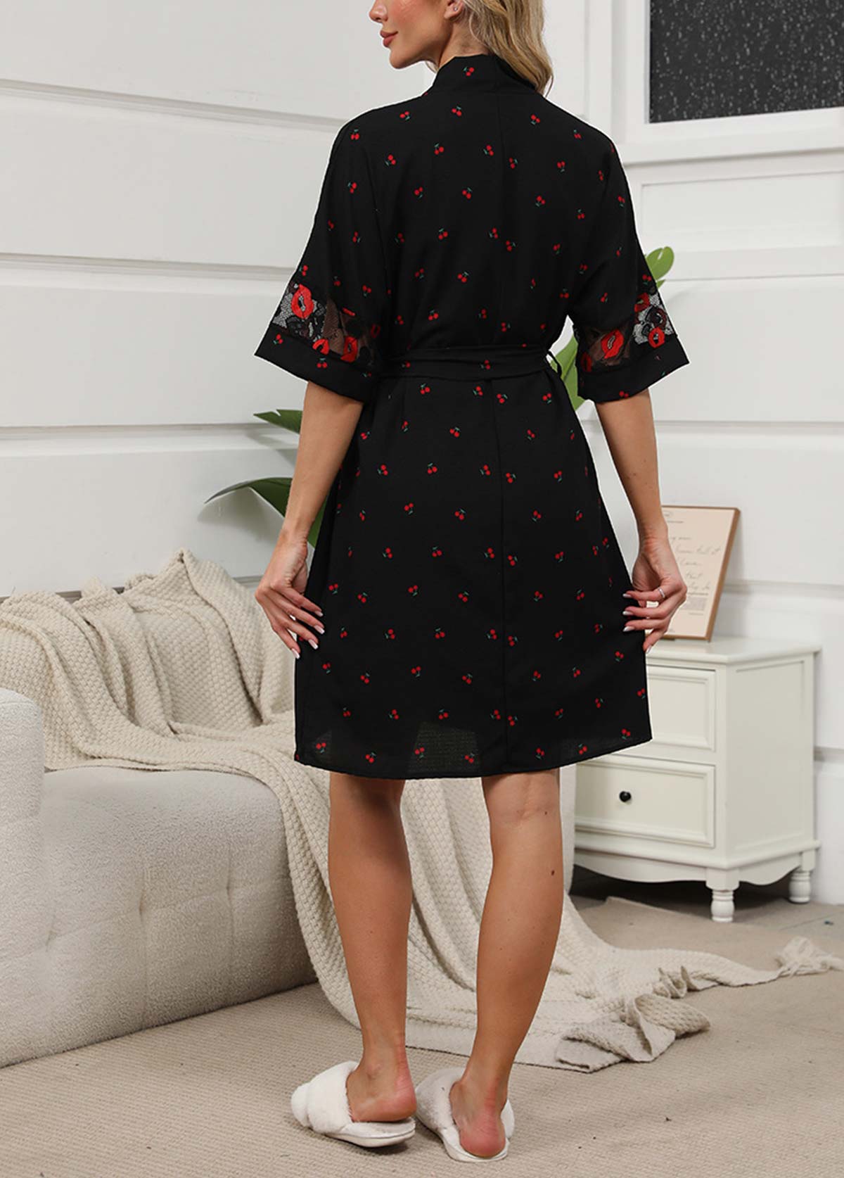 Black Ditsy Floral Print Half Sleeve Camisole and Robe | picture 